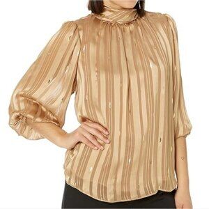 NWT Zac & Rachel Elegant Gold Foil & Brown Striped Women's Blouse Size XL